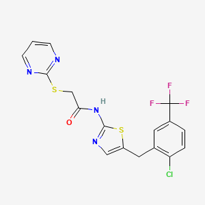 molecular formula C17H12ClF3N4OS2 B2747758 N-[5-[[2-氯-5-(三氟甲基)苯基]甲基]-1,3-噻唑-2-基]-2-嘧啶-2-基硫醇基乙酰胺 CAS No. 708997-60-8