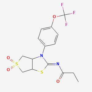 molecular formula C15H15F3N2O4S2 B2747767 (E)-N-(5,5-dioxido-3-(4-(trifluoromethoxy)phenyl)tetrahydrothieno[3,4-d]thiazol-2(3H)-ylidene)propionamide CAS No. 879937-62-9