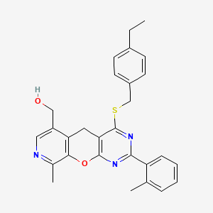 molecular formula C28H27N3O2S B2747782 [4-[(4-ethylbenzyl)thio]-9-methyl-2-(2-methylphenyl)-5H-pyrido[4',3':5,6]pyrano[2,3-d]pyrimidin-6-yl]methanol CAS No. 892416-09-0
