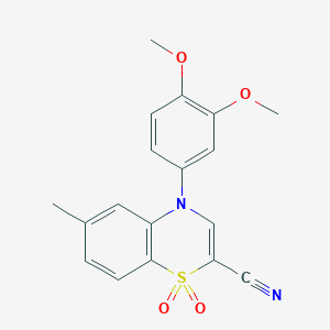 molecular formula C18H16N2O4S B2747923 4-(3,4-dimethoxyphenyl)-6-methyl-4H-1,4-benzothiazine-2-carbonitrile 1,1-dioxide CAS No. 1226438-96-5