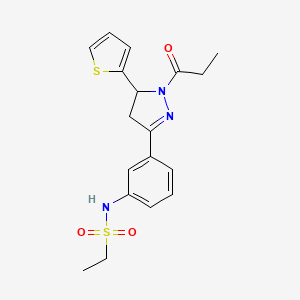 molecular formula C18H21N3O3S2 B2748089 N-(3-(1-propionyl-5-(thiophen-2-yl)-4,5-dihydro-1H-pyrazol-3-yl)phenyl)ethanesulfonamide CAS No. 865615-58-3