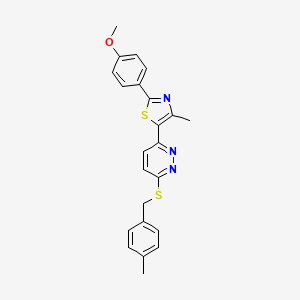 molecular formula C23H21N3OS2 B2748091 2-(4-Methoxyphenyl)-4-methyl-5-(6-((4-methylbenzyl)thio)pyridazin-3-yl)thiazole CAS No. 954697-14-4