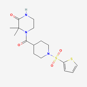 molecular formula C16H23N3O4S2 B2748187 3,3-二甲基-4-(1-(噻吩-2-基磺酰基)哌啶-4-甲酰基)哌嗪-2-酮 CAS No. 946208-42-0