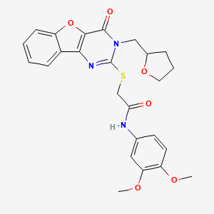 molecular formula C25H25N3O6S B2748188 N-(3,4-dimethoxyphenyl)-2-((4-oxo-3-((tetrahydrofuran-2-yl)methyl)-3,4-dihydrobenzofuro[3,2-d]pyrimidin-2-yl)thio)acetamide CAS No. 900002-82-6