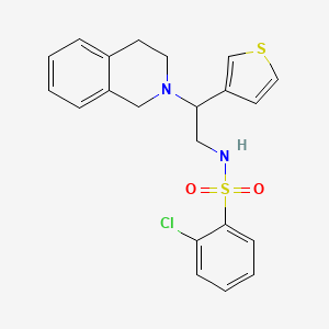 molecular formula C21H21ClN2O2S2 B2748237 2-chloro-N-(2-(3,4-dihydroisoquinolin-2(1H)-yl)-2-(thiophen-3-yl)ethyl)benzenesulfonamide CAS No. 955767-41-6