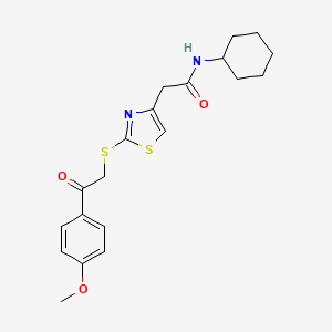 molecular formula C20H24N2O3S2 B2748421 N-cyclohexyl-2-(2-((2-(4-methoxyphenyl)-2-oxoethyl)thio)thiazol-4-yl)acetamide CAS No. 1021035-06-2