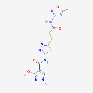 molecular formula C14H15N7O4S2 B2748438 3-methoxy-1-methyl-N-(5-((2-((5-methylisoxazol-3-yl)amino)-2-oxoethyl)thio)-1,3,4-thiadiazol-2-yl)-1H-pyrazole-4-carboxamide CAS No. 1171004-16-2