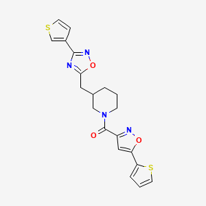 molecular formula C20H18N4O3S2 B2748448 (5-(Thiophen-2-yl)isoxazol-3-yl)(3-((3-(thiophen-3-yl)-1,2,4-oxadiazol-5-yl)methyl)piperidin-1-yl)methanone CAS No. 1705462-38-9