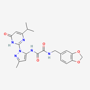 molecular formula C21H22N6O5 B2748565 N1-(benzo[d][1,3]dioxol-5-ylmethyl)-N2-(1-(4-isopropyl-6-oxo-1,6-dihydropyrimidin-2-yl)-3-methyl-1H-pyrazol-5-yl)oxalamide CAS No. 1013984-31-0
