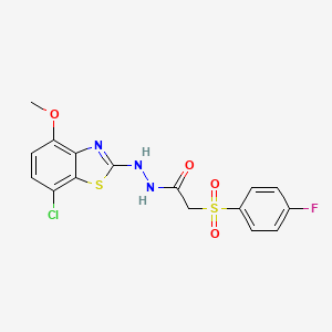 molecular formula C16H13ClFN3O4S2 B2748578 N'-(7-氯-4-甲氧基苯并[d]噻唑-2-基)-2-((4-氟苯基)磺酰)乙酰肼 CAS No. 922621-12-3