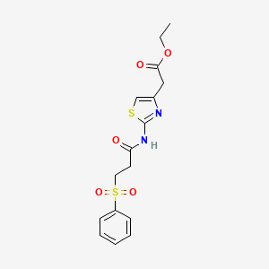 molecular formula C16H18N2O5S2 B2748583 Ethyl 2-(2-(3-(phenylsulfonyl)propanamido)thiazol-4-yl)acetate CAS No. 881796-63-0