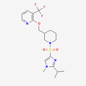 molecular formula C19H25F3N4O3S B2748617 2-[[1-(1-Methyl-2-propan-2-ylimidazol-4-yl)sulfonylpiperidin-3-yl]methoxy]-3-(trifluoromethyl)pyridine CAS No. 2380009-68-5