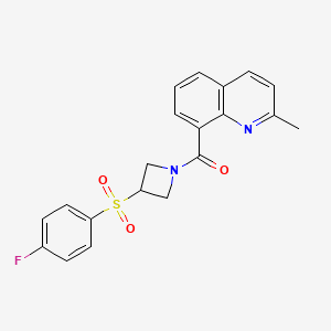 molecular formula C20H17FN2O3S B2748638 (3-((4-Fluorophenyl)sulfonyl)azetidin-1-yl)(2-methylquinolin-8-yl)methanone CAS No. 1448065-77-7