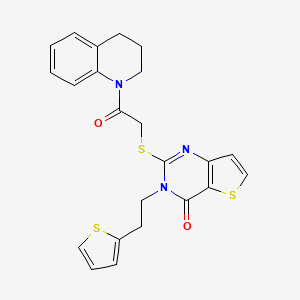 molecular formula C23H21N3O2S3 B2748727 2-{[2-(3,4-dihydroquinolin-1(2H)-yl)-2-oxoethyl]sulfanyl}-3-[2-(thiophen-2-yl)ethyl]thieno[3,2-d]pyrimidin-4(3H)-one CAS No. 1260931-61-0
