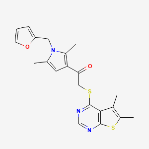 molecular formula C21H21N3O2S2 B2748865 2-((5,6-dimethylthieno[2,3-d]pyrimidin-4-yl)thio)-1-(1-(furan-2-ylmethyl)-2,5-dimethyl-1H-pyrrol-3-yl)ethanone CAS No. 379242-31-6