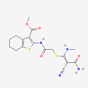 molecular formula C17H20N4O4S2 B2748902 Methyl 2-(2-{[2-carbamoyl-2-cyano-1-(methylamino)eth-1-en-1-yl]sulfanyl}acetamido)-4,5,6,7-tetrahydro-1-benzothiophene-3-carboxylate CAS No. 735320-48-6