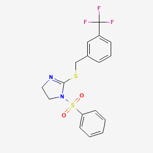 molecular formula C17H15F3N2O2S2 B2748942 1-(苯磺酰)-2-[[3-(三氟甲基)苯基]甲基硫基]-4,5-二氢咪唑 CAS No. 868218-14-8