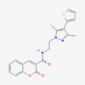 molecular formula C21H19N3O3S B2748945 N-(2-(3,5-二甲基-4-(噻吩-2-基)-1H-吡唑-1-基)乙基)-2-氧代-2H-香豆素-3-羧酰胺 CAS No. 2034554-98-6