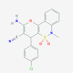 molecular formula C19H14ClN3O3S B2748969 2-Amino-4-(4-chlorophenyl)-6-methyl-4,6-dihydropyrano[3,2-c][2,1]benzothiazine-3-carbonitrile 5,5-dioxide CAS No. 893289-36-6
