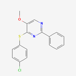 molecular formula C17H13ClN2OS B2748975 4-[(4-Chlorophenyl)sulfanyl]-2-phenyl-5-pyrimidinyl methyl ether CAS No. 477857-67-3