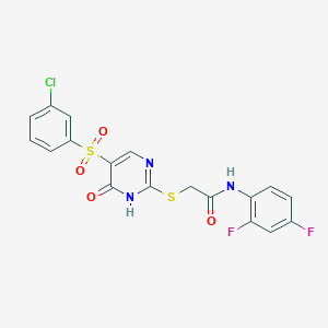 molecular formula C18H12ClF2N3O4S2 B2749019 2-((5-((3-chlorophenyl)sulfonyl)-6-oxo-1,6-dihydropyrimidin-2-yl)thio)-N-(2,4-difluorophenyl)acetamide CAS No. 899965-77-6