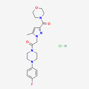 molecular formula C21H27ClFN5O3 B2749044 1-(4-(4-fluorophenyl)piperazin-1-yl)-2-(5-methyl-3-(morpholine-4-carbonyl)-1H-pyrazol-1-yl)ethanone hydrochloride CAS No. 1327617-09-3