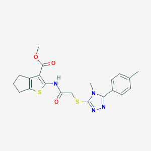 molecular formula C21H22N4O3S2 B274908 methyl 2-[[2-[[4-methyl-5-(4-methylphenyl)-1,2,4-triazol-3-yl]sulfanyl]acetyl]amino]-5,6-dihydro-4H-cyclopenta[b]thiophene-3-carboxylate 