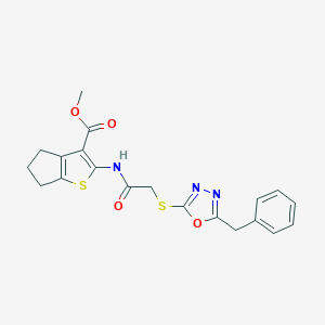 molecular formula C20H19N3O4S2 B274909 methyl 2-[[2-[(5-benzyl-1,3,4-oxadiazol-2-yl)sulfanyl]acetyl]amino]-5,6-dihydro-4H-cyclopenta[b]thiophene-3-carboxylate 