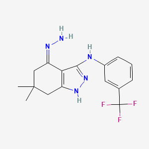 molecular formula C16H18F3N5 B2749128 6,6-二甲基-3-((3-(三氟甲基)苯基)氨基)-5,6,7-三氢1H-吲哚-4-肼 CAS No. 1159976-62-1