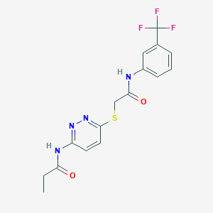 molecular formula C16H15F3N4O2S B2749140 N-(6-((2-oxo-2-((3-(trifluoromethyl)phenyl)amino)ethyl)thio)pyridazin-3-yl)propionamide CAS No. 1021061-02-8