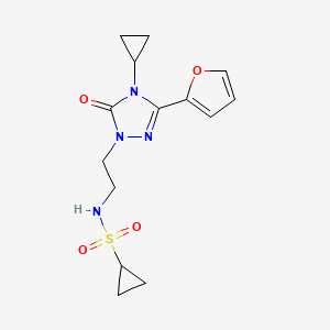 molecular formula C14H18N4O4S B2749143 N-(2-(4-cyclopropyl-3-(furan-2-yl)-5-oxo-4,5-dihydro-1H-1,2,4-triazol-1-yl)ethyl)cyclopropanesulfonamide CAS No. 1797061-35-8