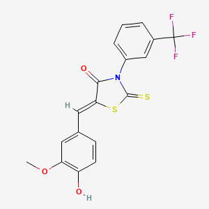 molecular formula C18H12F3NO3S2 B2749247 (5Z)-5-[(4-hydroxy-3-methoxyphenyl)methylidene]-2-sulfanylidene-3-[3-(trifluoromethyl)phenyl]-1,3-thiazolidin-4-one CAS No. 303056-51-1