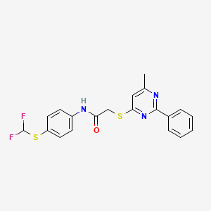 molecular formula C20H17F2N3OS2 B2749249 N-[4-(difluoromethylsulfanyl)phenyl]-2-(6-methyl-2-phenylpyrimidin-4-yl)sulfanylacetamide CAS No. 867042-07-7