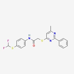 molecular formula C20H17F2N3OS2 B2749249 N-[4-(二氟甲基硫代)苯基]-2-(6-甲基-2-苯基嘧啶-4-基)硫代乙酰胺 CAS No. 867042-07-7