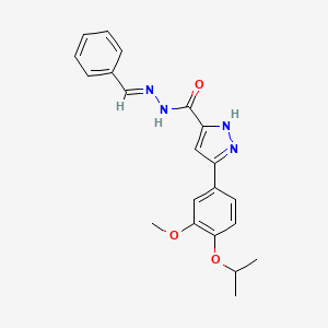molecular formula C21H22N4O3 B2749299 (E)-N'-benzylidene-3-(4-isopropoxy-3-methoxyphenyl)-1H-pyrazole-5-carbohydrazide CAS No. 1284277-45-7