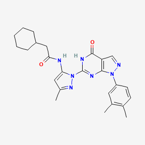 molecular formula C25H29N7O2 B2749322 2-cyclohexyl-N-(1-(1-(3,4-dimethylphenyl)-4-oxo-4,5-dihydro-1H-pyrazolo[3,4-d]pyrimidin-6-yl)-3-methyl-1H-pyrazol-5-yl)acetamide CAS No. 1170446-15-7