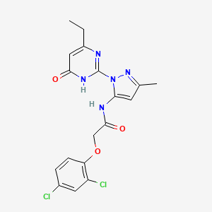 molecular formula C18H17Cl2N5O3 B2749366 2-(2,4-dichlorophenoxy)-N-(1-(4-ethyl-6-oxo-1,6-dihydropyrimidin-2-yl)-3-methyl-1H-pyrazol-5-yl)acetamide CAS No. 1006024-46-9