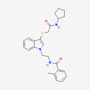 molecular formula C25H29N3O2S B2749368 N-(2-(3-((2-(cyclopentylamino)-2-oxoethyl)thio)-1H-indol-1-yl)ethyl)-2-methylbenzamide CAS No. 851714-38-0