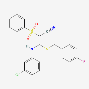 molecular formula C22H16ClFN2O2S2 B2749410 (E)-3-((3-chlorophenyl)amino)-3-((4-fluorobenzyl)thio)-2-(phenylsulfonyl)acrylonitrile CAS No. 866347-09-3