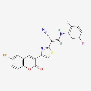 molecular formula C22H13BrFN3O2S B2749412 (E)-2-(4-(6-溴-2-氧代-2H-香豆素-3-基)噻唑-2-基)-3-((5-氟-2-甲基苯基)氨基)丙烯腈 CAS No. 477298-03-6