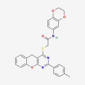 molecular formula C28H23N3O4S B2749489 N-(2,3-Dihydro-1,4-benzodioxin-6-YL)-2-{[2-(4-methylphenyl)-5H-chromeno[2,3-D]pyrimidin-4-YL]sulfanyl}acetamide CAS No. 899760-77-1