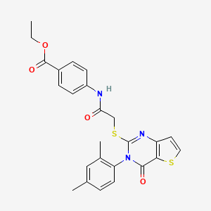 molecular formula C25H23N3O4S2 B2749491 Ethyl 4-[({[3-(2,4-dimethylphenyl)-4-oxo-3,4-dihydrothieno[3,2-d]pyrimidin-2-yl]sulfanyl}acetyl)amino]benzoate CAS No. 1260930-46-8