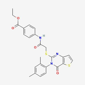 molecular formula C25H23N3O4S2 B2749491 乙酸 4-[({[3-(2,4-二甲基苯基)-4-氧代-3,4-二氢噻吩[3,2-d]嘧啶-2-基]硫基}乙酰)氨基]苯甲酸酯 CAS No. 1260930-46-8