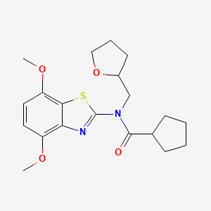 molecular formula C20H26N2O4S B2749515 N-(4,7-dimethoxybenzo[d]thiazol-2-yl)-N-((tetrahydrofuran-2-yl)methyl)cyclopentanecarboxamide CAS No. 1105230-92-9