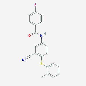 molecular formula C21H15FN2OS B2749517 N-{3-氰基-4-[(2-甲基苯基)硫代]苯基}-4-氟苯甲酰胺 CAS No. 306980-73-4