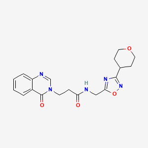 molecular formula C19H21N5O4 B2749524 3-(4-oxoquinazolin-3(4H)-yl)-N-((3-(tetrahydro-2H-pyran-4-yl)-1,2,4-oxadiazol-5-yl)methyl)propanamide CAS No. 2034462-32-1