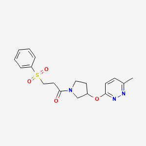 molecular formula C18H21N3O4S B2749556 1-(3-((6-甲基吡啶-3-基)氧基)吡咯啉-1-基)-3-(苯基磺酰)丙酮 CAS No. 2034482-19-2