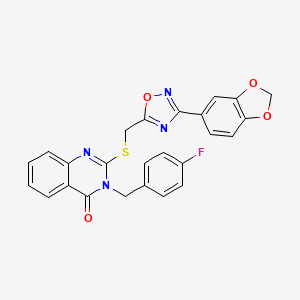molecular formula C25H17FN4O4S B2749565 2-(((3-(benzo[d][1,3]dioxol-5-yl)-1,2,4-oxadiazol-5-yl)methyl)thio)-3-(4-fluorobenzyl)quinazolin-4(3H)-one CAS No. 946252-63-7