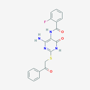 molecular formula C19H15FN4O3S B2749614 N-(4-amino-6-oxo-2-((2-oxo-2-phenylethyl)thio)-1,6-dihydropyrimidin-5-yl)-2-fluorobenzamide CAS No. 872597-31-4