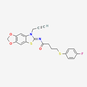 molecular formula C21H17FN2O3S2 B2749633 (E)-4-((4-fluorophenyl)thio)-N-(7-(prop-2-yn-1-yl)-[1,3]dioxolo[4',5':4,5]benzo[1,2-d]thiazol-6(7H)-ylidene)butanamide CAS No. 1006849-35-9
